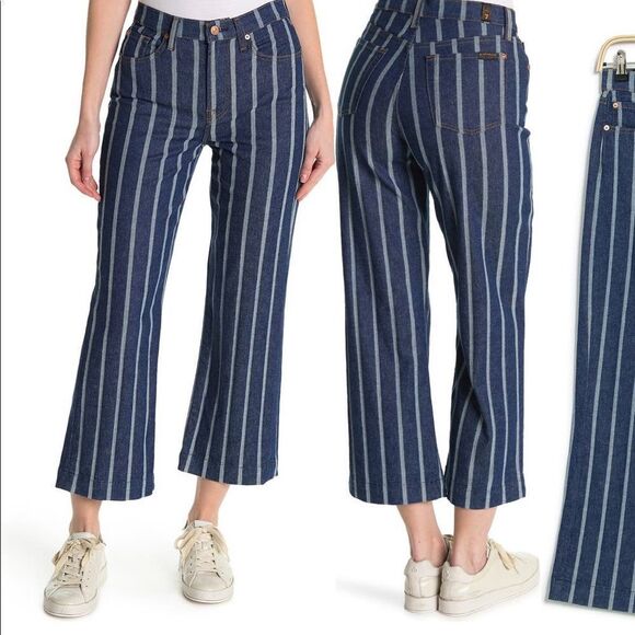 Seven all mankind stripe cropped wide leg jeans size 30, blue NWT - Picture 1 of 9